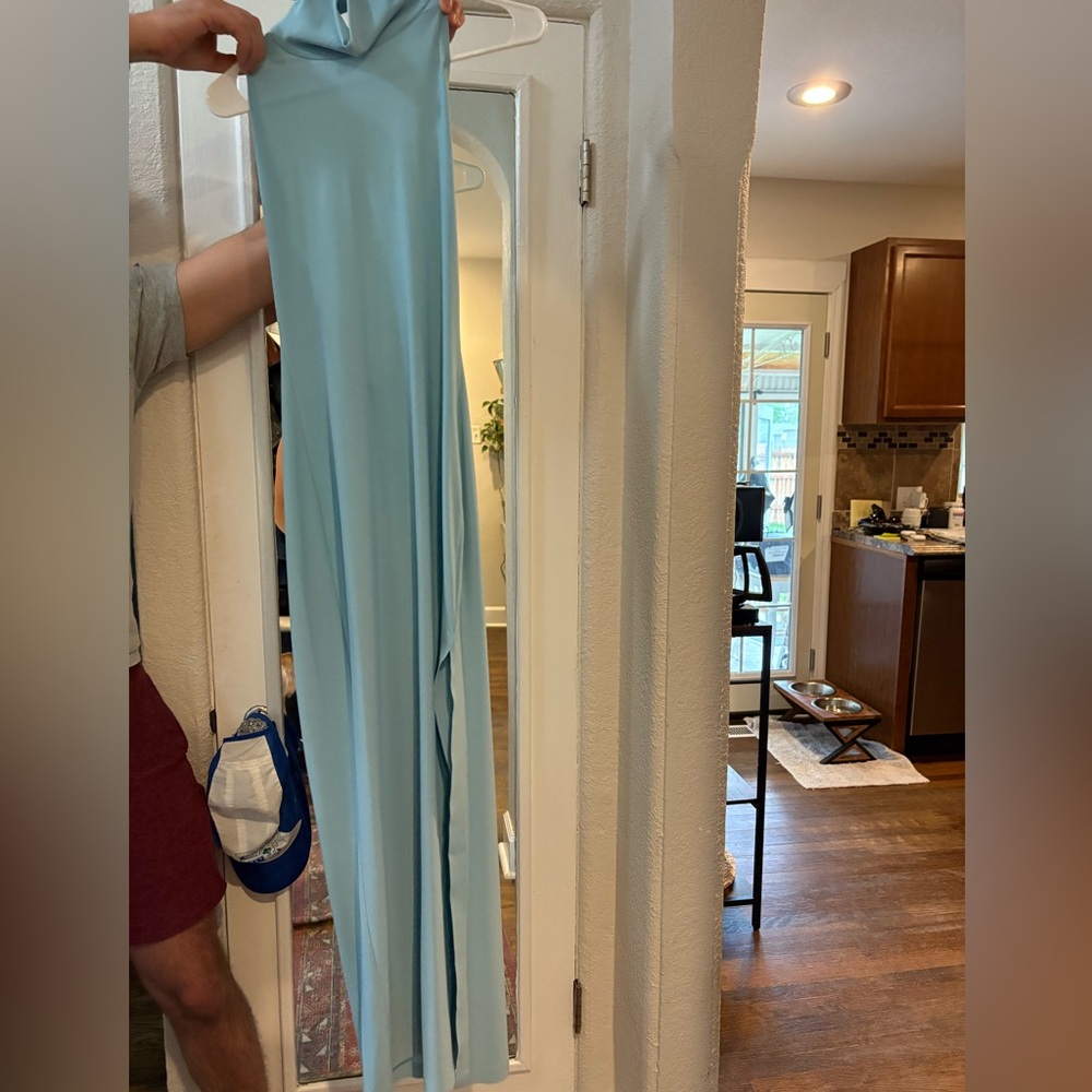 Norma Kamali Blue Halter Slit Gown - Picture 3 of 6